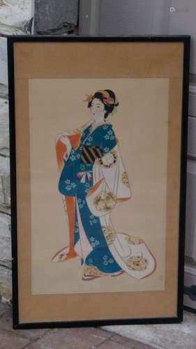 ANTIQUE JAPANESE WATERCOLOR ON SILK SCROLL PAINTING OF 