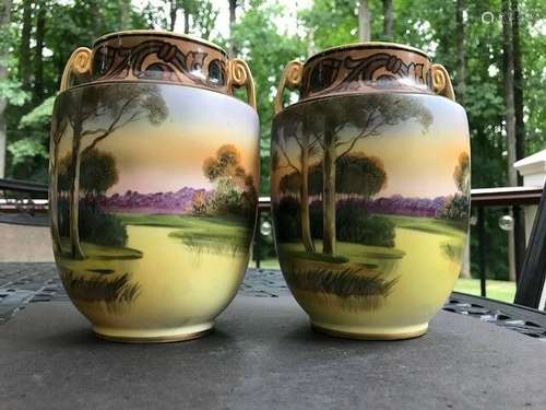 Pair of Hand Painted Nippon Porcelain Vases