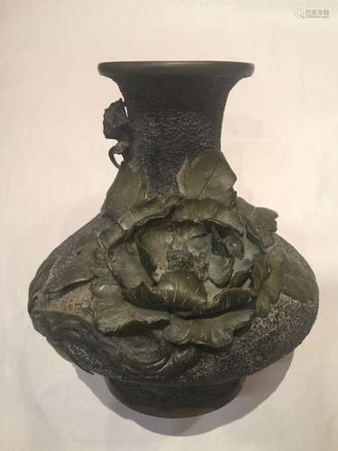 Antique Embosed Bronze  Floral Vase