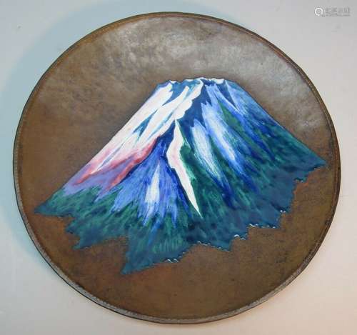 Fine Vintage/Antique JAPANESE CLOISONNE Bronze Plate w/ Mountain  c. 1930  ANDO