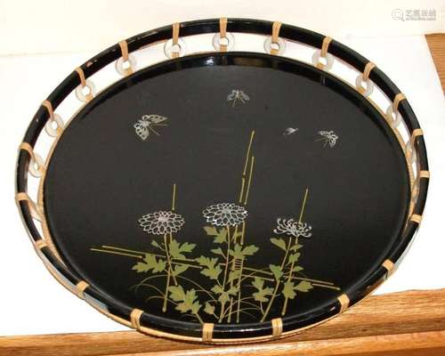 OLD JAPANESE MOTHER OF PEARL BLACK LACQUER ROUND TRAY