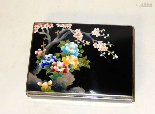 LARGE INABA FLORAL BIRD CLOISONNE BLACK ENAMEL BOX SIGNED