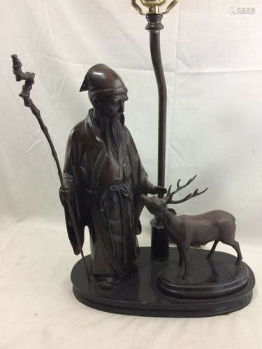 Great orig. Anitque signed Japanese Bronze Scholar & Deer made into Figural Lamp