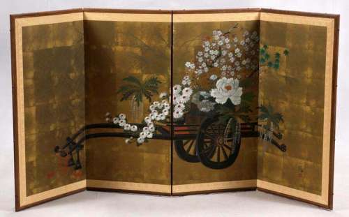 Antique Japanese Handpainted Room Screen Floral Cart