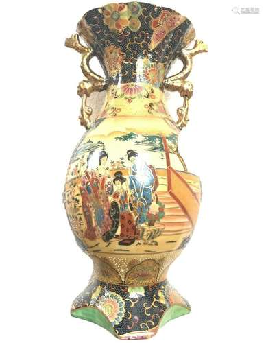 Japanese Satsuma Moriage Style Gold Handles Footed Vase Jar Multi-Color 14”