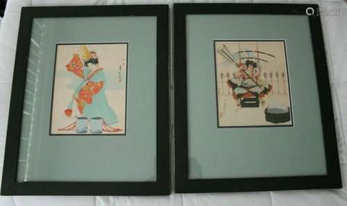 Vintage Sadanobu Hasegawa Lot of 2 Woodblock Print Art Framed