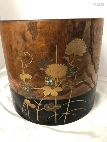 Antique Japanese Hibachi Brazier Kiri Wood Inlaid MOP Metal Flowers Copper Liner