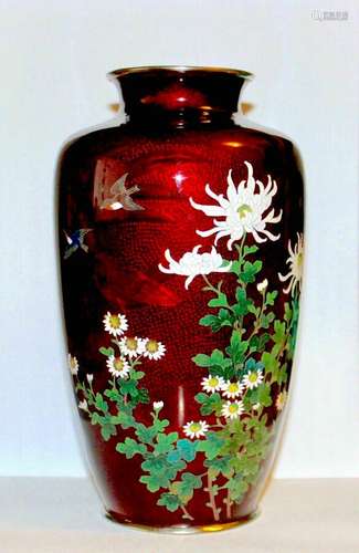 SATO Japanese Ginbari Akasuke Pigeon Blood Cloisonné Enamel Vase 8.5in