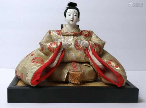 Antique Hina Ningyo Japanese Emperor Doll Sitting On A Wood Platform Stand