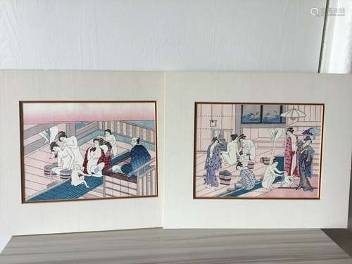 ANTIQUE JAPANESE TORII KIYONAGA ORIGINAL? WOODBLOCK Matted PRINTs Set Of 2 F