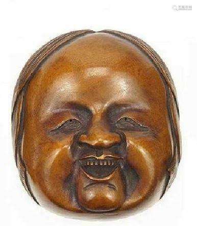 Antique Japanese Carved Hardwood Mask, Meiji Period.