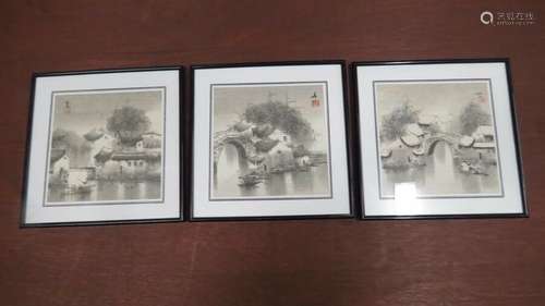 Vtg Japanese woodblock print village scenes set x 3