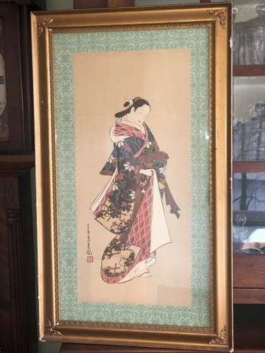 Antique 1906 Japanese Woodblock Print Choshun Miyagawa Orig Frame Large