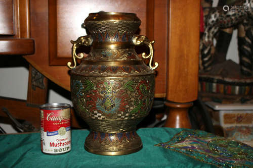 Antique Japanese Champleve Urn Vase Dragon Handles Intricate Designs Brass Metal