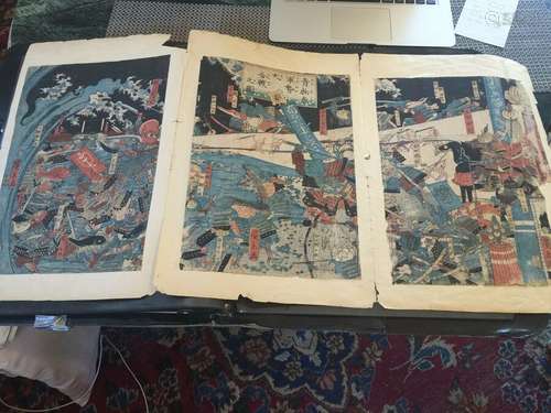 ASIAN WATERCOLOUR   WHIMSICAL TRIPTYCH  ANTIQUE