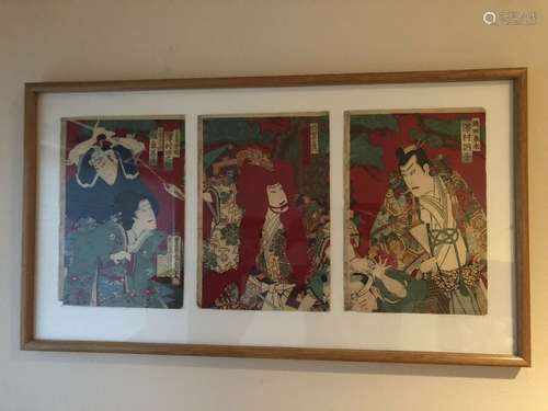 Antique Japanese Woodblock Print By Toyohara Kunichika Kabuki Theatre Scenes.