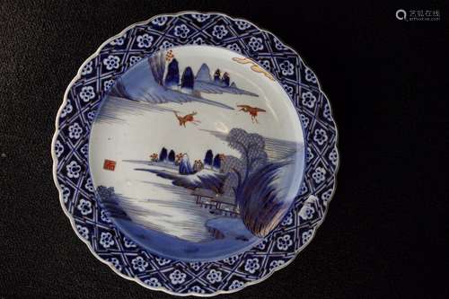 IMARI BLUE AND WHITE PORCELAIN LANDSCAPE PATTERN LARGE PLATE