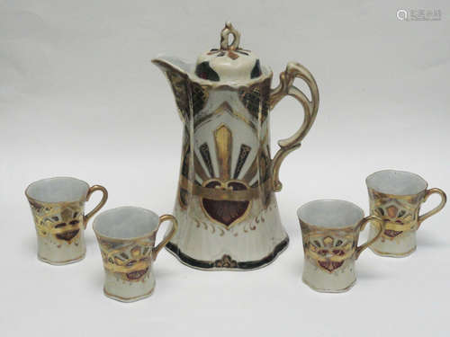 RARE  19 c  NIPPON HAND PAINTED CHOCOLATE PITCHER & 4 CUP SET