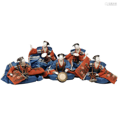 A Hina Ningyo Set of Five Female Tsuzumi Percussionists, Edo Period