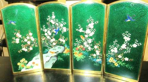 RARE JAPANESE GINBARI CLOISONNE GREEN ENAMEL SCREEN UNSIGNED