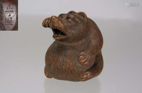 MASANAO, YAMADA, ISE, 19th C, Japanese Boxwood Netsuke, Tanuki Badger