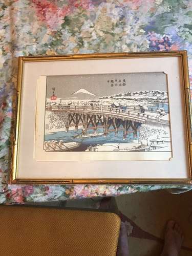 Antique Japanese Woodblock Print Snow Mountains Bay  Hiroshige Bridge Rare