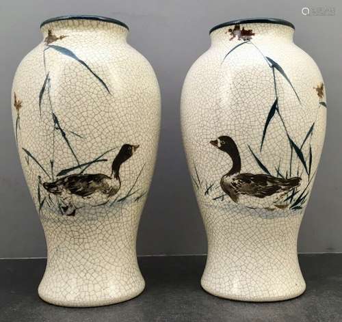 Pair of Japanese Meiji Stoneware Vase with Geese by Tanzan