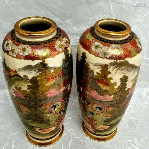 Antique 19th C Japanese Satsuma Vases exceptional detail hand painted signed