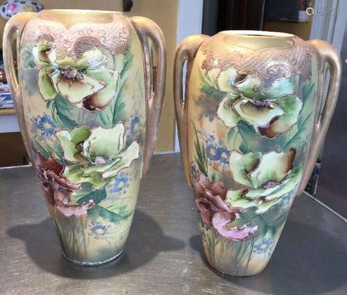 Pr Antique Japanese Satsuma Floral 12” Vases