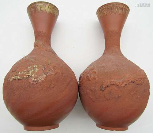 PAIR OF ANTIQUE JAPANESE CERAMIC VASES w/ DRAGONS