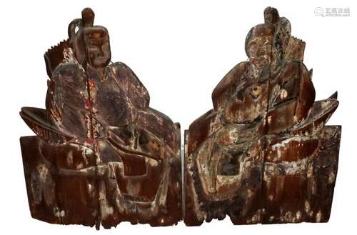 Pair Japanese Edo Period Wooden Shinto Shrine Deity Relief Plaques (RgR)