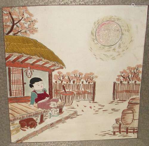 JAPANESE BOY AND DOG OLD EMBROIDERY TAPESTRY PAINTING