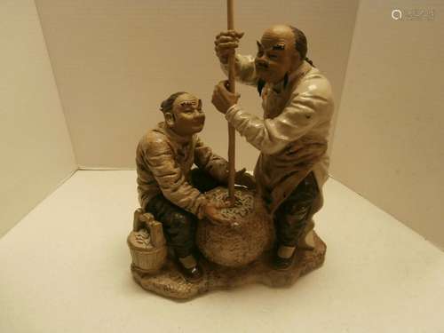 RARE JAPANESE POTTERY STATUE SCULPTURE OF TWO MEN WITH POT OF RICE