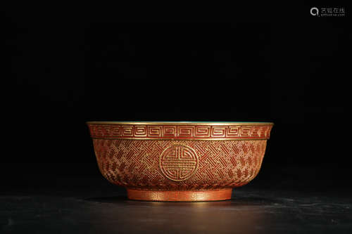 CHINESE CARVED COPPER-RED GLAZED BOWL, QIANLONG MARK