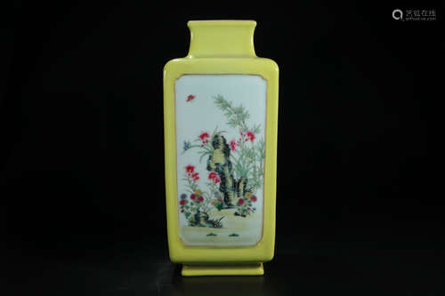 CHINESE YELLOW GLAZED FAMILLE ROSE VASE, QIANLONG MARK