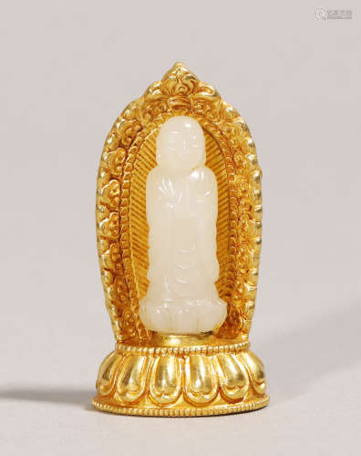 Qing Dynasty-Hetian Jade Buddha Statue w/ Pure Gold Stand