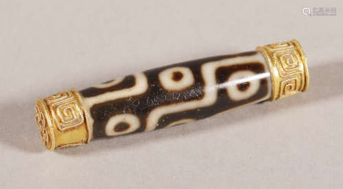 Tang Dynasty - 9 Eye Dzi Bead with Gold
