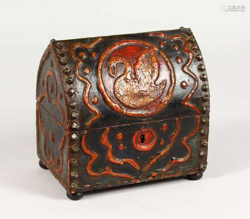 A RENAISSANCE STYLE DOME TOP SMALL CASKET, embossed and painted with birds. 6ins wide.