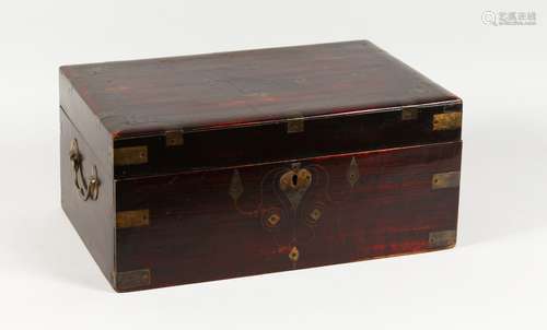 A LATE 19TH CENTURY ANGLO INDIAN BRASS BOUND TEAK WRITING BOX, with fitted interior. 17.75ins wide.