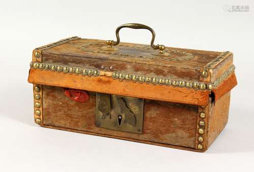 A 19TH CENTURY BRASS STUDDED PONY SKIN COVERED BOX. 12ins wide.