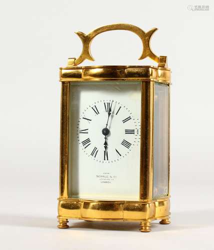 A GOOD FRENCH SERPENTINE FRONTED CARRIAGE CLOCK, on four bun feet, SEARLE & CO., Lombard Street,