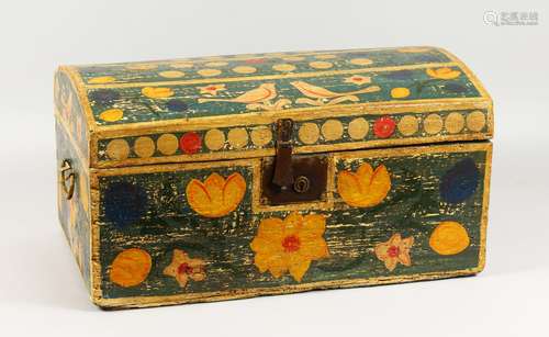 A 19TH CENTURY DOME TOP PINE TRUNK/MARRIAGE CHEST, painted with birds and flowers. 21.75ins wide.