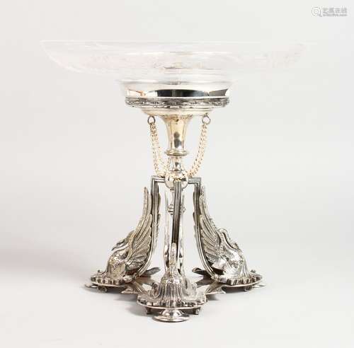 A GOOD SILVER PLATE CENTREPIECE, with cut glass circular bowl, on a stand with three swan