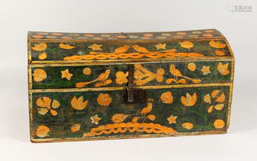 A 19TH CENTURY DOME TOP PINE TRUNK/MARRIAGE CHEST, painted with birds and flowers. 25.5ins wide.