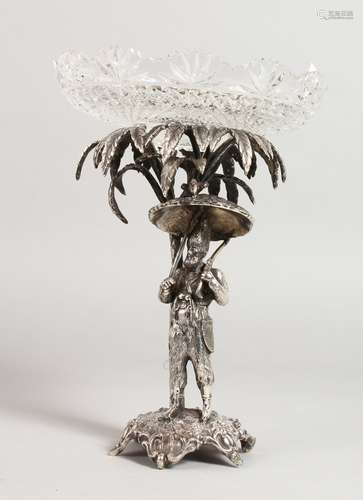 A GOOD SMALL SILVER PLATE COMPORT, with cut glass bowl , on a stand modelled as Robinson Crusoe with