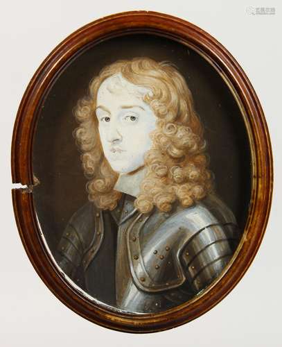 A LATER OVAL MINIATURE OF LORD DANBY 1685, wearing armour. Inscribed on reverse. 8cms x 6cms.