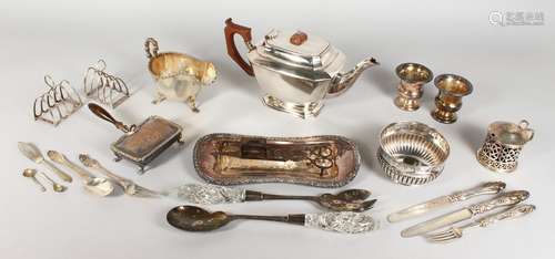 A BOX OF SUNDRY PLATED ITEMS, including teapot, candle snuffer, sauceboat, salad servers, pair of