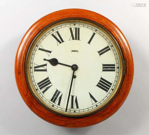 A GOOD 19TH CENTURY OAK CASED CIRCULAR 11-INCH WALL CLOCK.