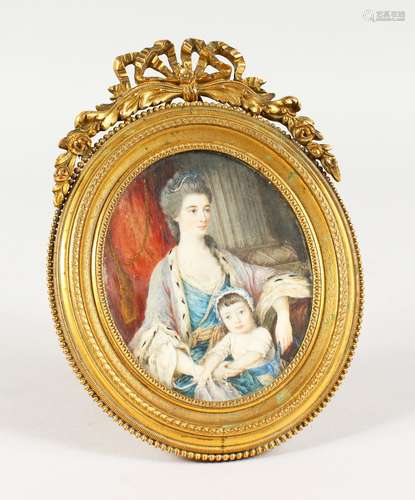 A GOOD 19TH CENTURY OVAL PORTRAIT MINIATURE, of a lady and young child by her side, in an ornate