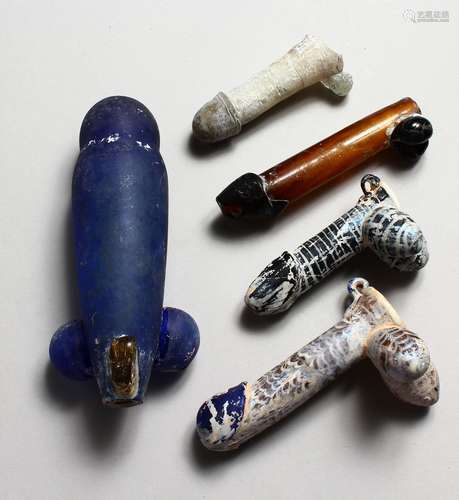 A COLLECTION OF FIVE ROMAN TYPE DECORATIVE GLASS PENIS.